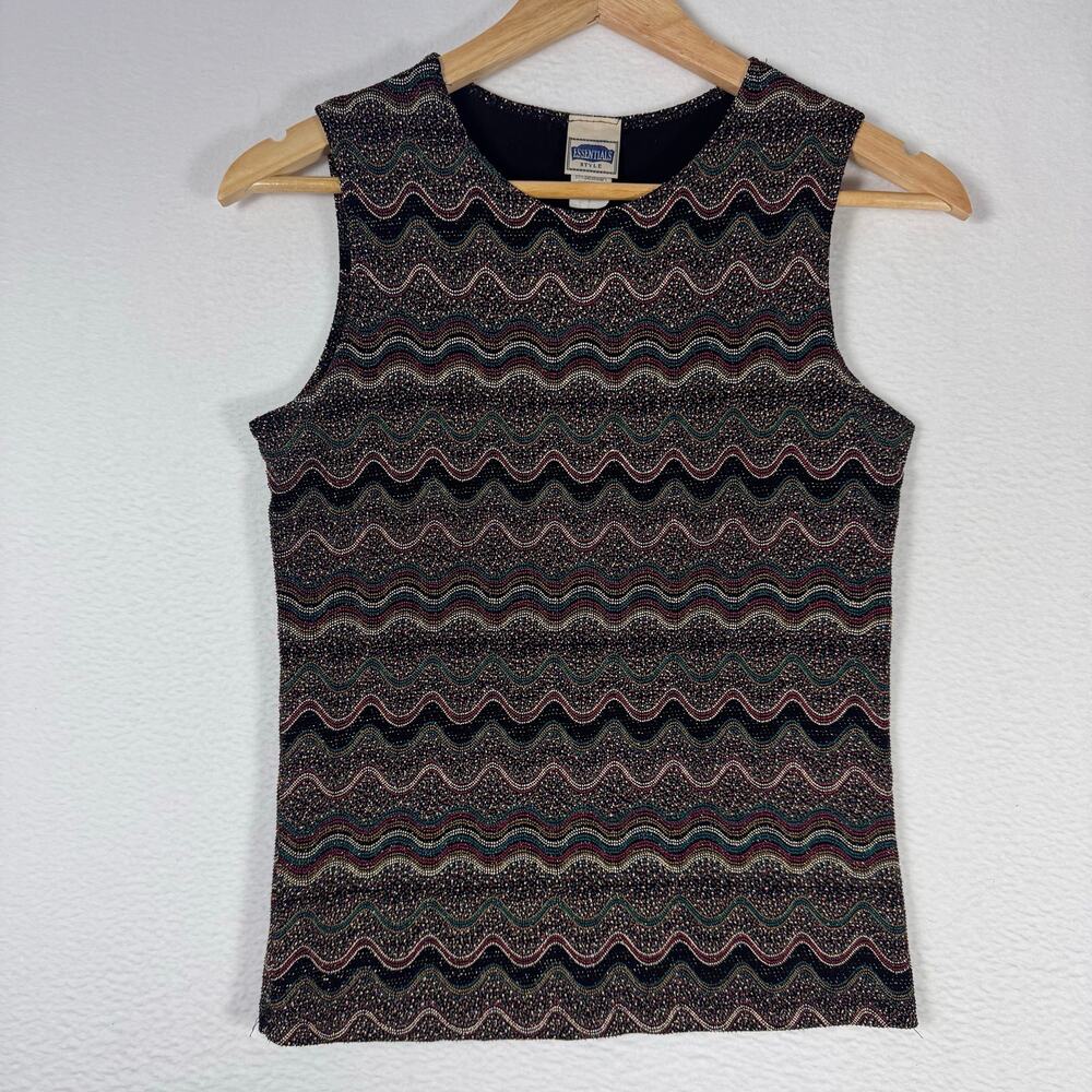 Vintage 90s Stretch Tank Dot Painted Stippled Wavy Lines Sparkles Jeweled Look S